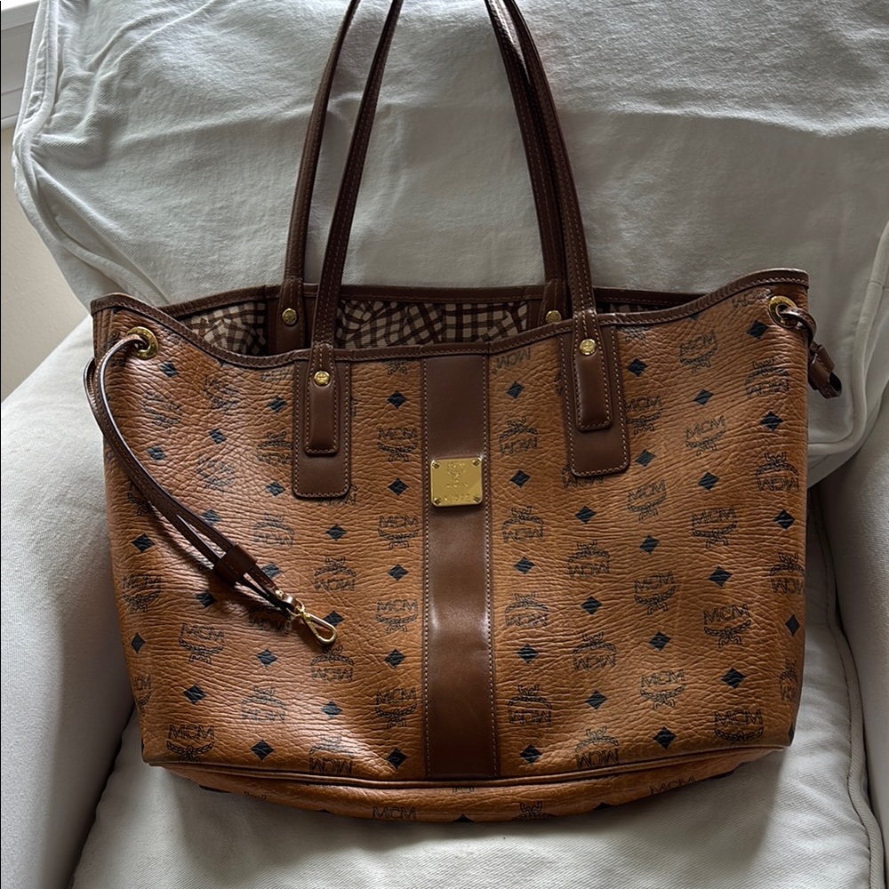 MCM Brown Monogram Tote with Gold Accents